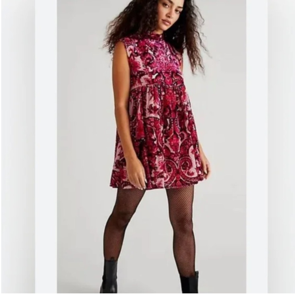 NWOT Free People All the time Velvet mini paisley dress in-Berry Combo colors